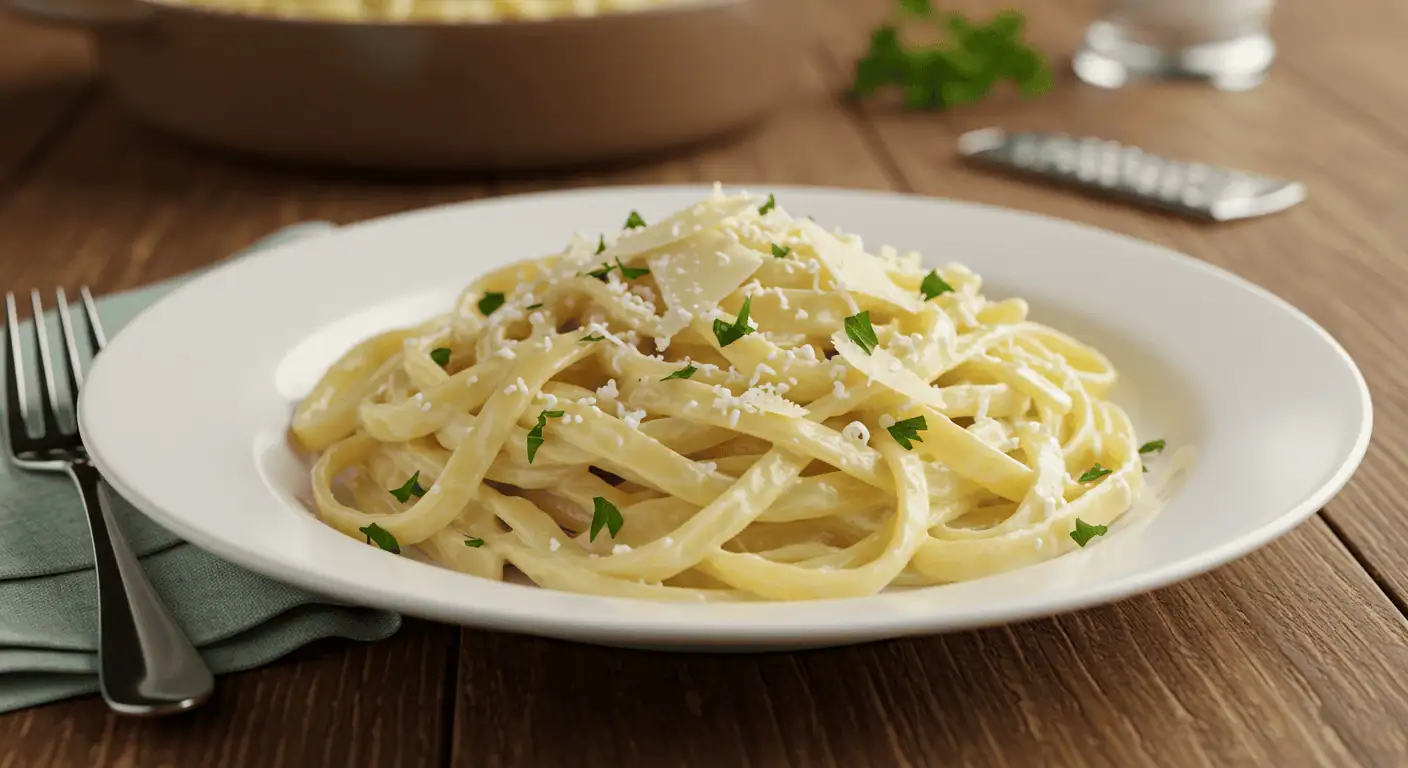 Creamy Ragu Fettuccine Alfredo pasta served in a white plate with Parmesan and parsley.
