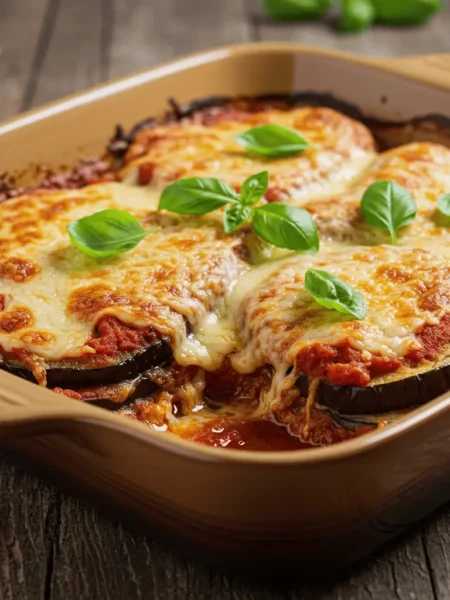 Baked vegan eggplant Parmesan with golden crispy layers and fresh basil garnish.