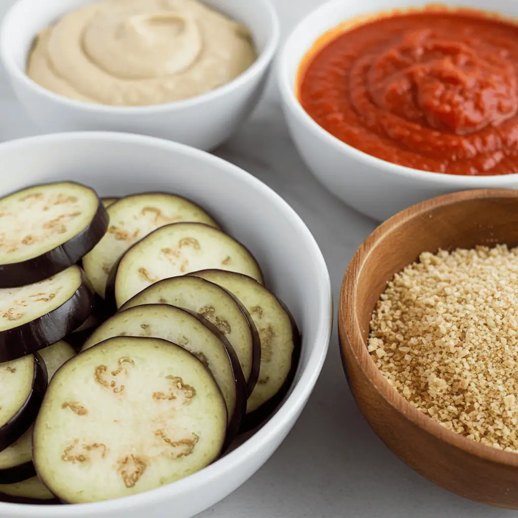 Vegan Eggplant Parmesan 2 Fresh sliced eggplant, vegan cheese, marinara sauce, and panko breadcrumbs in bowls.