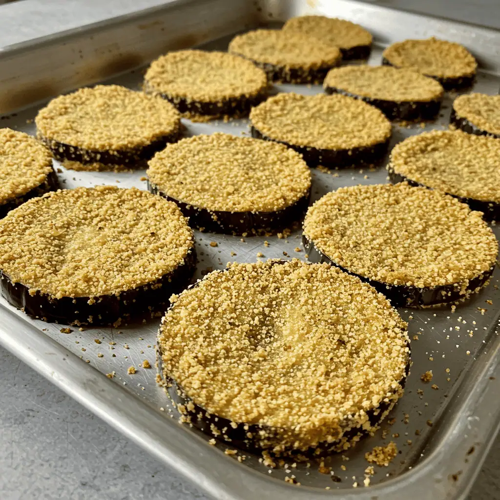 Vegan Eggplant Parmesan 3 Breaded eggplant slices arranged on a parchment-lined baking tray ready for the oven.