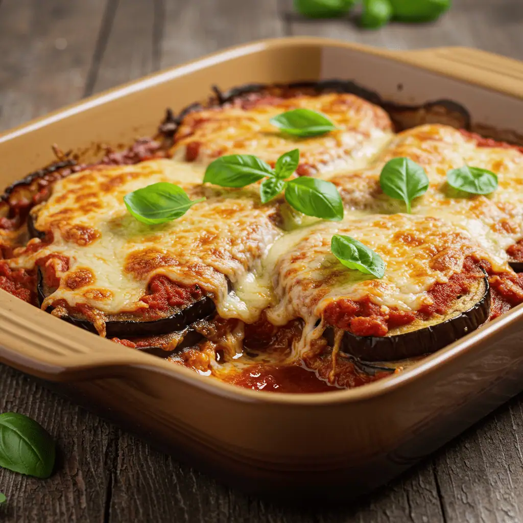 Vegan Eggplant Parmesan 10 Baked vegan eggplant Parmesan with golden crispy layers and fresh basil garnish.