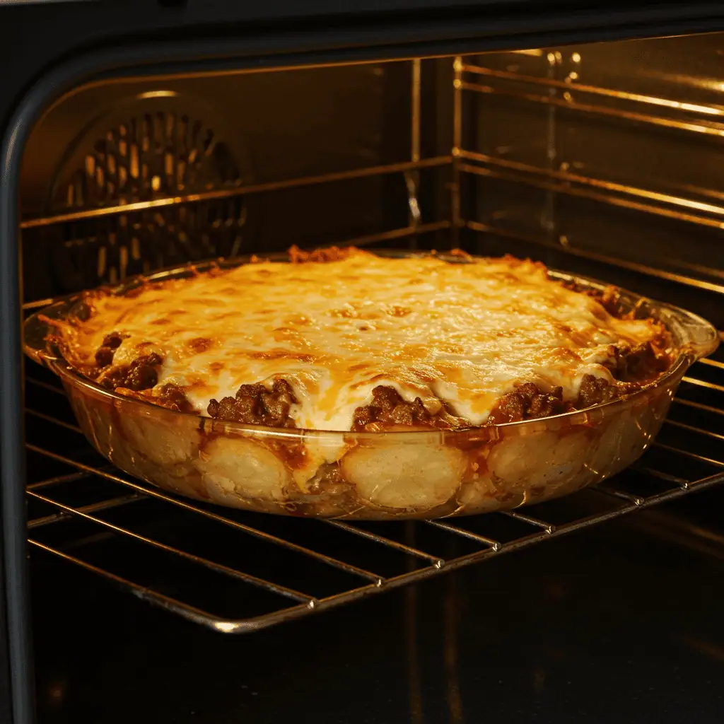 Cheesy Hamburger Potato Casserole 4 Casserole baking in oven with bubbling cheese on top.