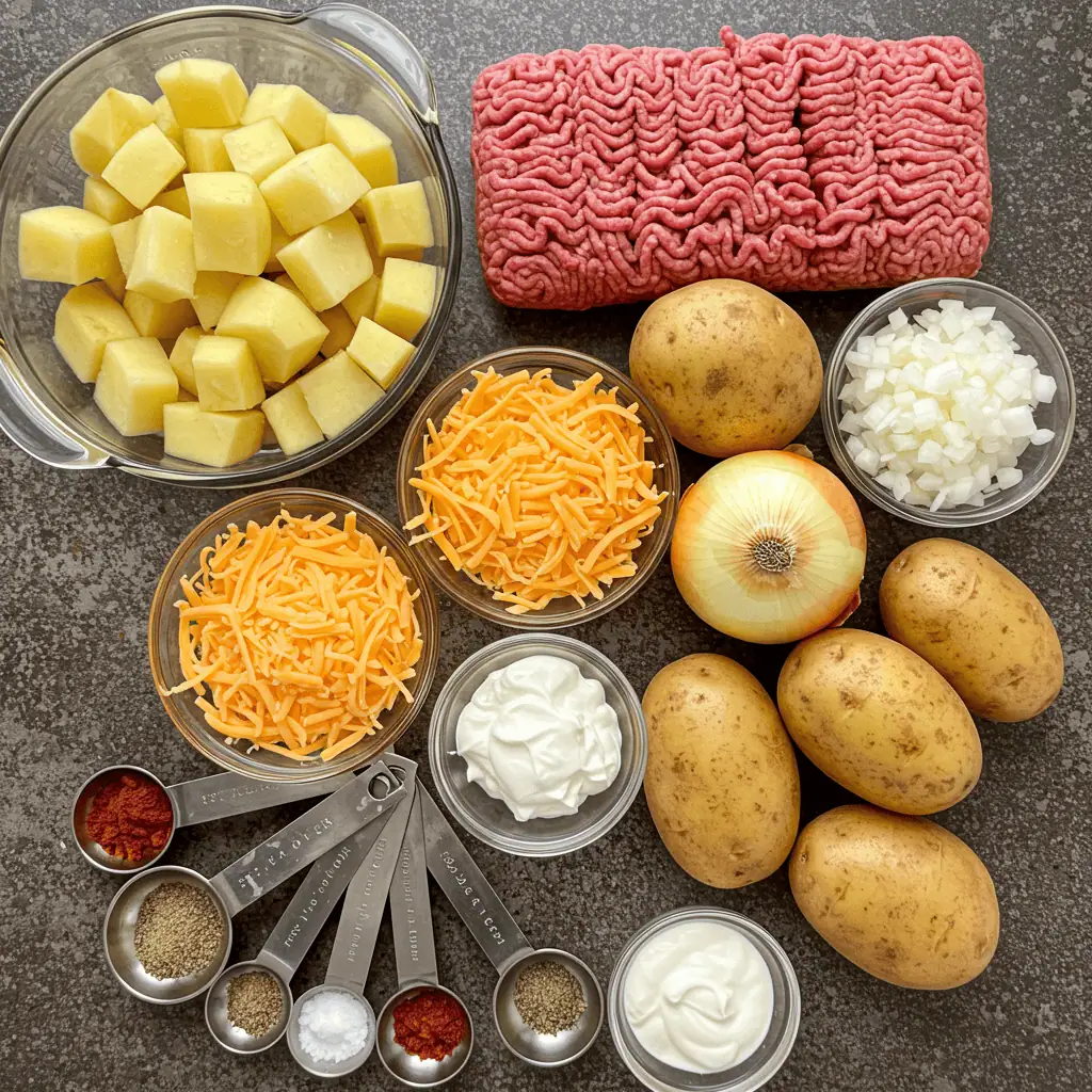 Cheesy Hamburger Potato Casserole 2 Ingredients for cheesy hamburger potato casserole laid out on a kitchen surface.