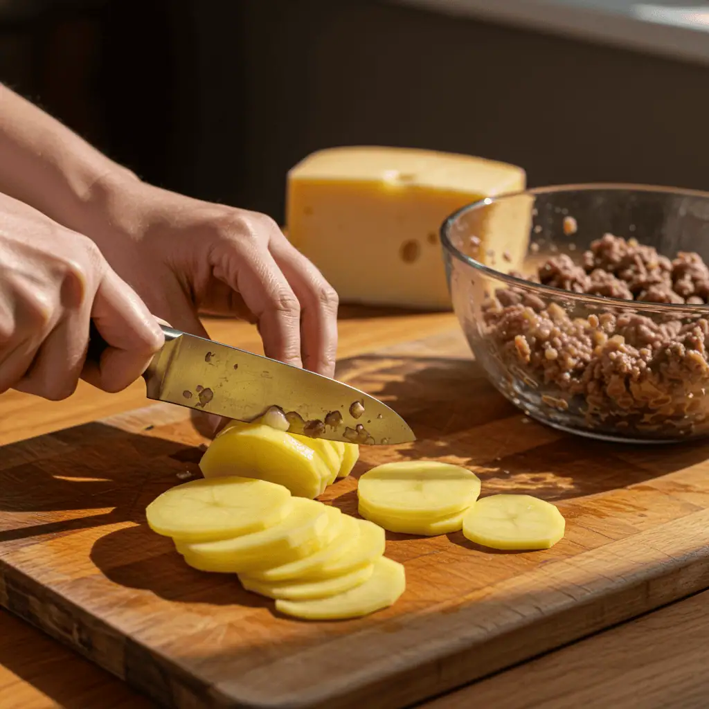 Cheesy Hamburger Potato Casserole 3 Preparing cheesy hamburger potato casserole with sliced potatoes and cooked beef.