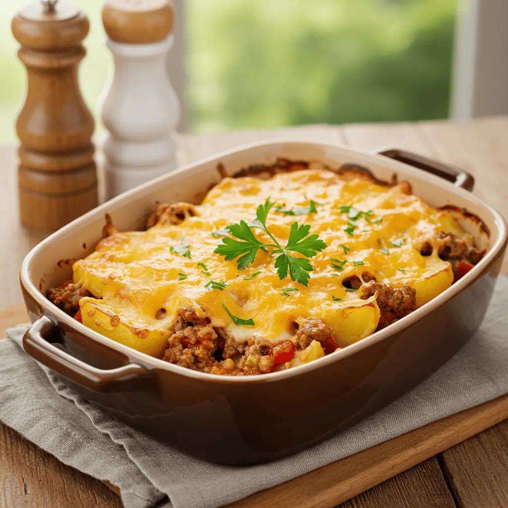 Cheesy Hamburger Potato Casserole 10 Cheesy hamburger potato casserole baked in a dish with golden bubbly cheese.