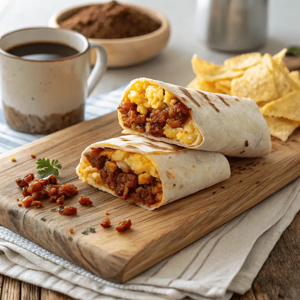 Freshly sliced chorizo breakfast burrito with eggs, cheese, and hash browns on a wooden board.