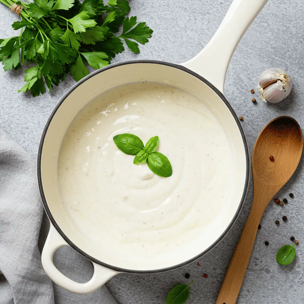 Cream Sauce Base Hellofresh Recipe 6 Cream Sauce Base HelloFresh Recipe in a white saucepan with herbs