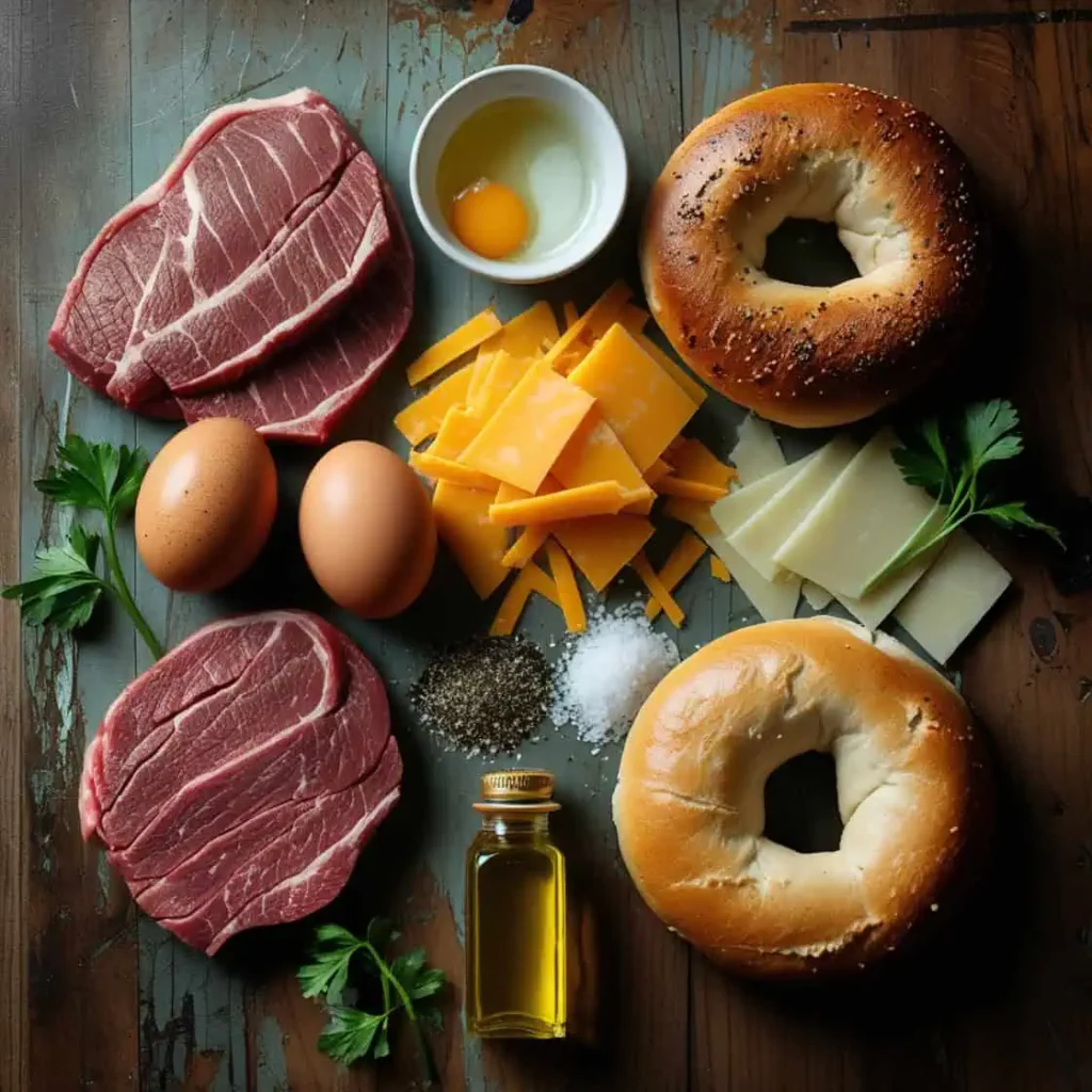 Steak Egg and Cheese Bagel 2 Fresh ingredients for steak egg and cheese bagel including steak, eggs, cheese, and bagels on a wooden counter.
