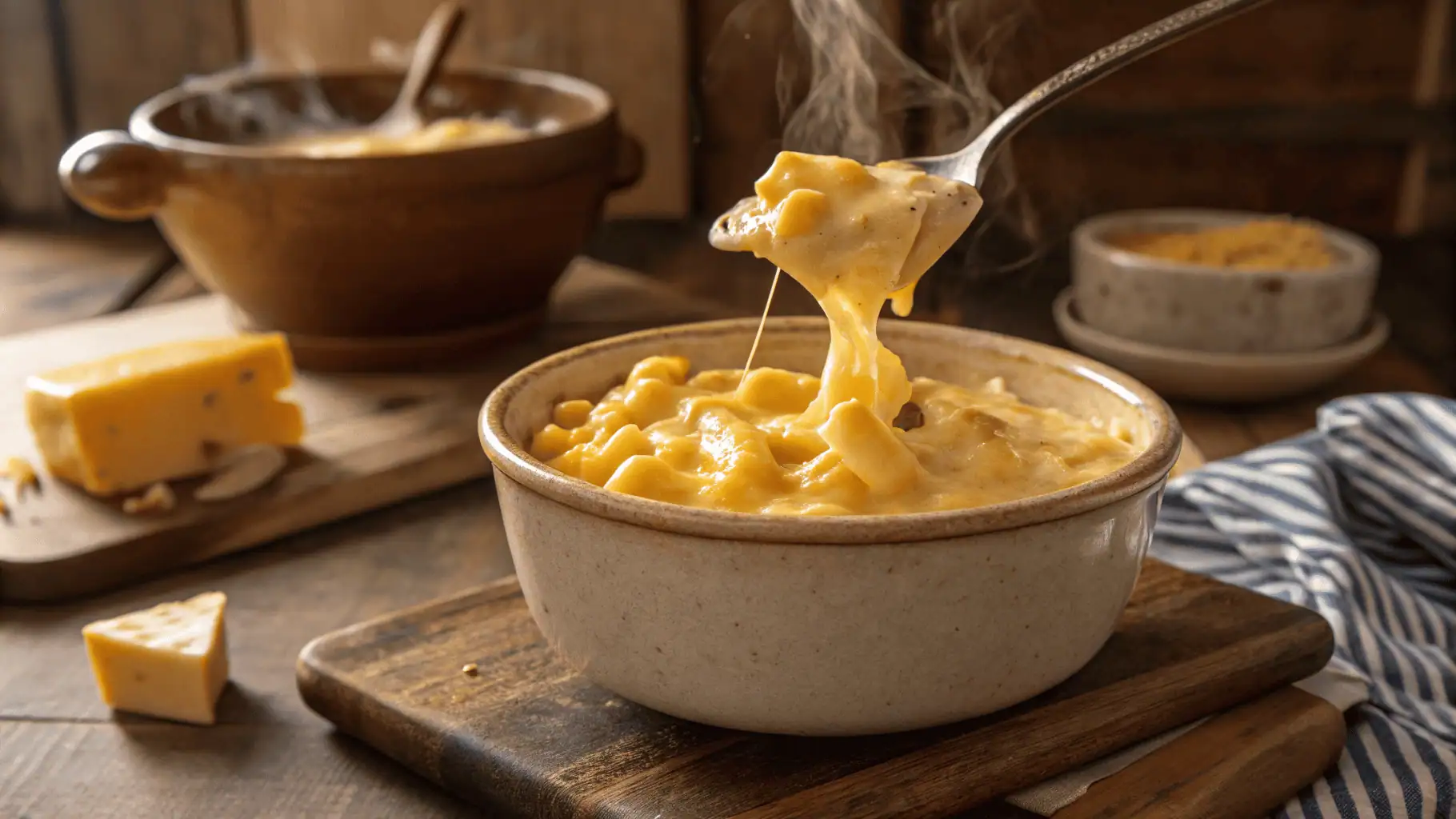 Creamy mac and cheese made with Velveeta in a rustic bowl, cheese stretching on a spoon.