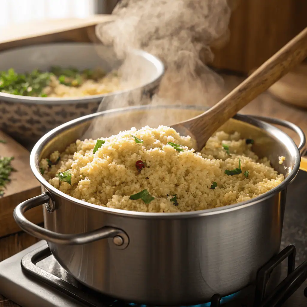 🌿 Lemon Herb Quinoa Bowl (Gluten-Free, Dairy-Free) 4 Side view of quinoa being fluffed with a wooden spoon in a pot with visible steam.