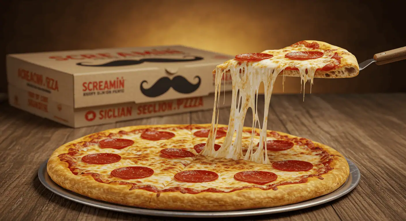 Screamin Sicilian Pizza hot and ready with melted cheese and signature box on rustic table