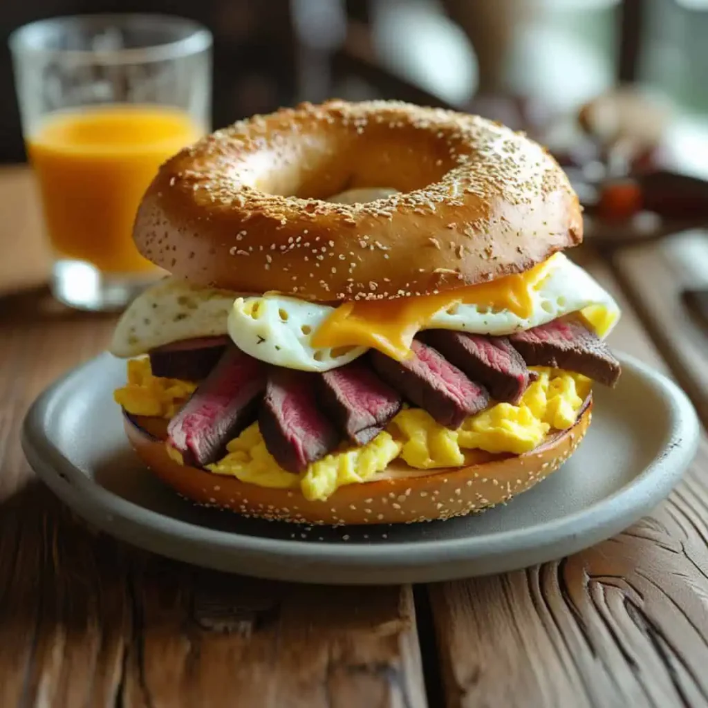 Steak Egg and Cheese Bagel 8 Gourmet steak egg and cheese bagel stacked on a breakfast table with melted cheese and fluffy eggs.