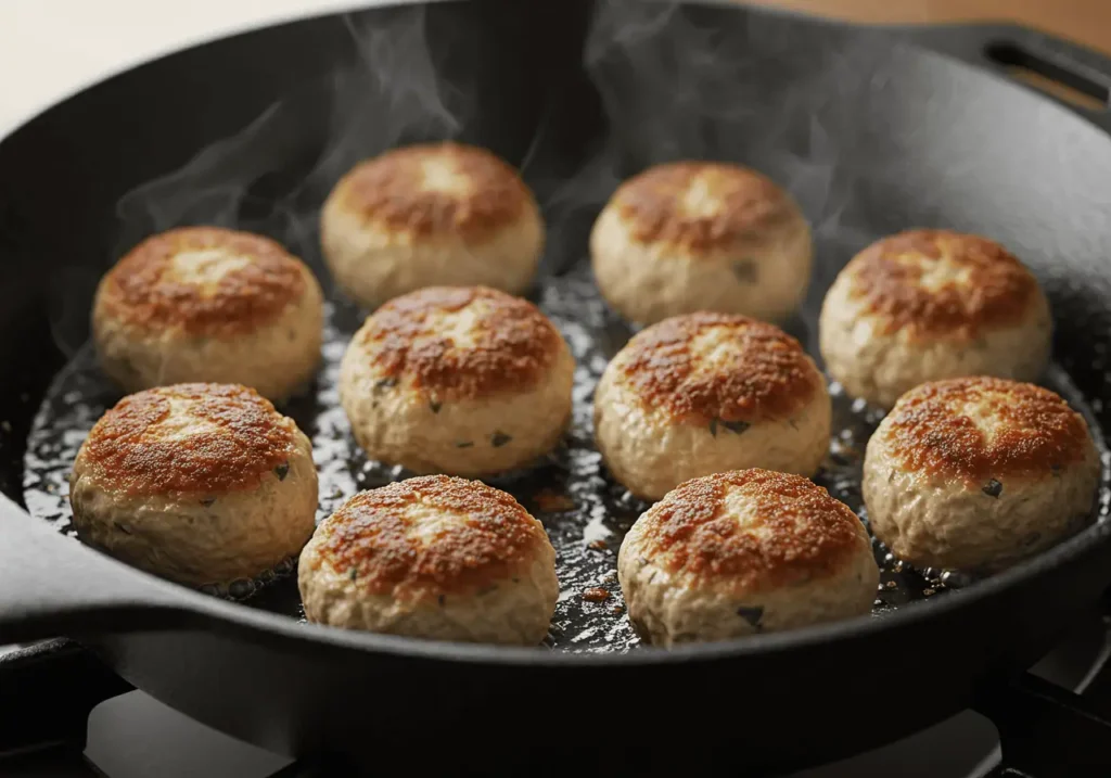 Amylu Chicken Meatballs 5 Amylu Chicken Meatballs cooking in a hot skillet with olive oil and steam.