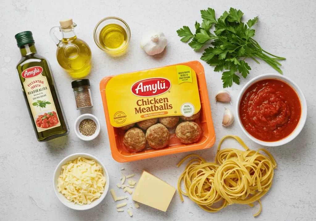 Amylu Chicken Meatballs 3 Ingredients for making Amylu Chicken Meatballs including herbs, cheese, pasta, and sauce.