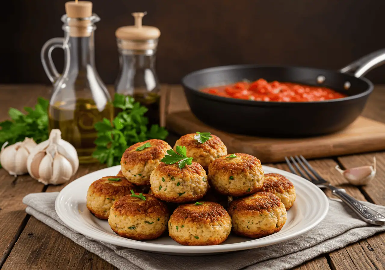 Plate of cooked Amylu Chicken Meatballs garnished with parsley on a rustic kitchen counter.
