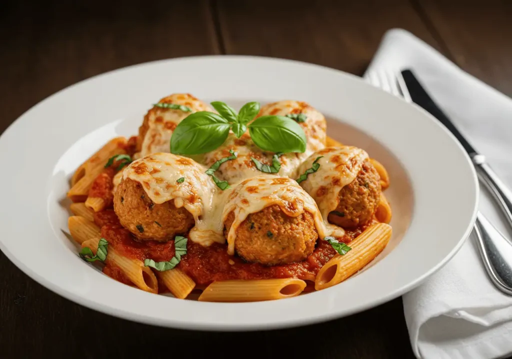 Amylu Chicken Meatballs 2 Plated Amylu Chicken Meatballs over pasta with marinara and cheese.