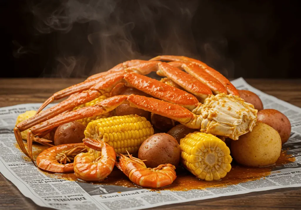 Boiling Crab-Style Seafood Boil Recipe 10 Side view of seafood boil with crab legs, shrimp, corn, and potatoes on a table