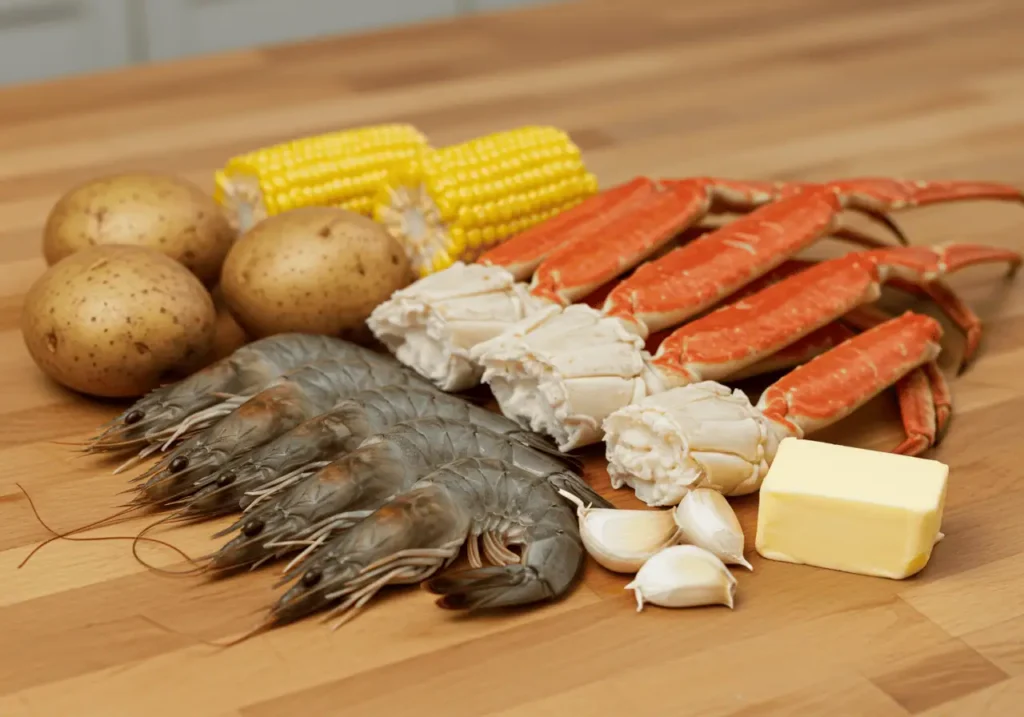Boiling Crab-Style Seafood Boil Recipe 2 Raw seafood and vegetables for Cajun seafood boil