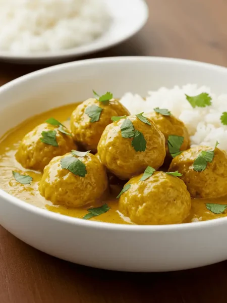 Chicken meatballs in creamy coconut curry sauce served in a bowl with rice.