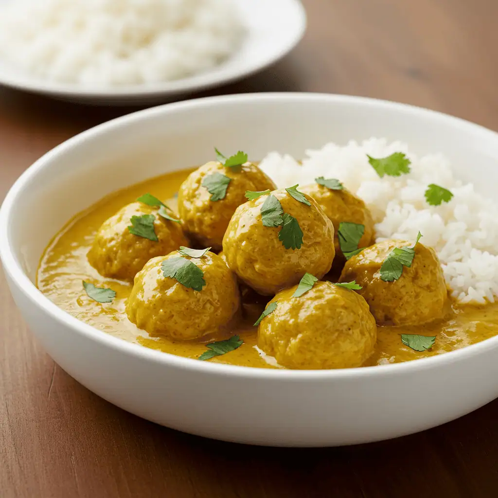 Chicken meatballs in creamy coconut curry sauce served in a bowl with rice.