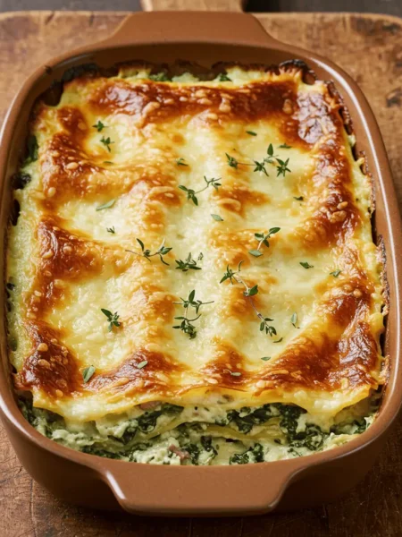 Freshly baked creamy spinach lasagna with golden cheese topping in a ceramic dish