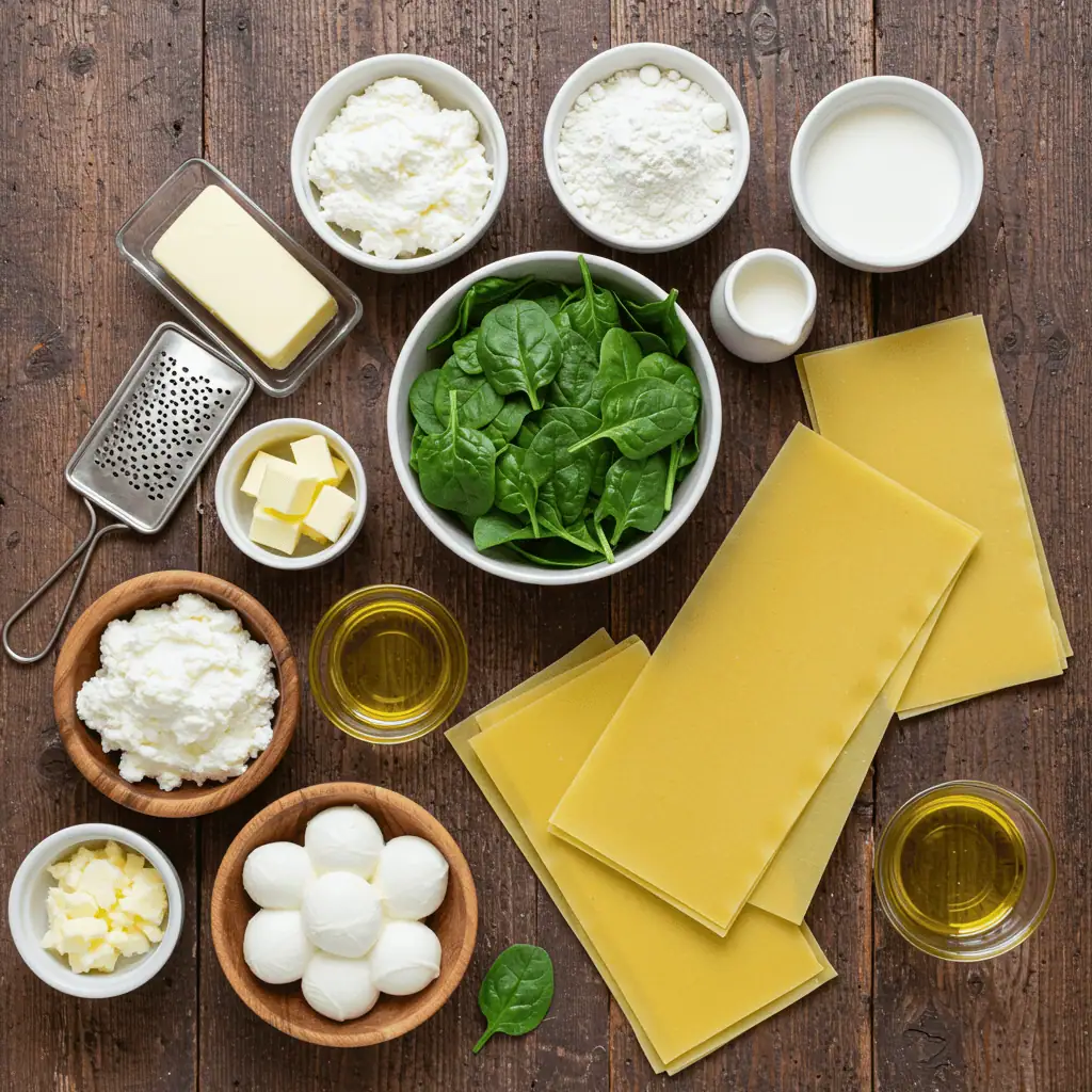 Creamy Spinach Lasagna at Home 2 Ingredients for creamy spinach lasagna including cheese, spinach, pasta, milk, and butter.