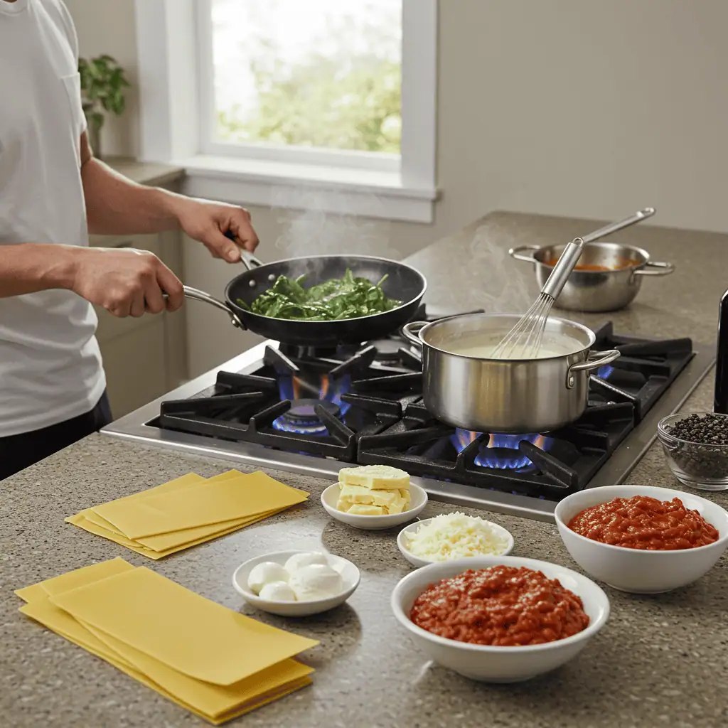 Creamy Spinach Lasagna at Home 3 Step-by-step preparation of creamy spinach lasagna including sauce-making and spinach sautéing.
