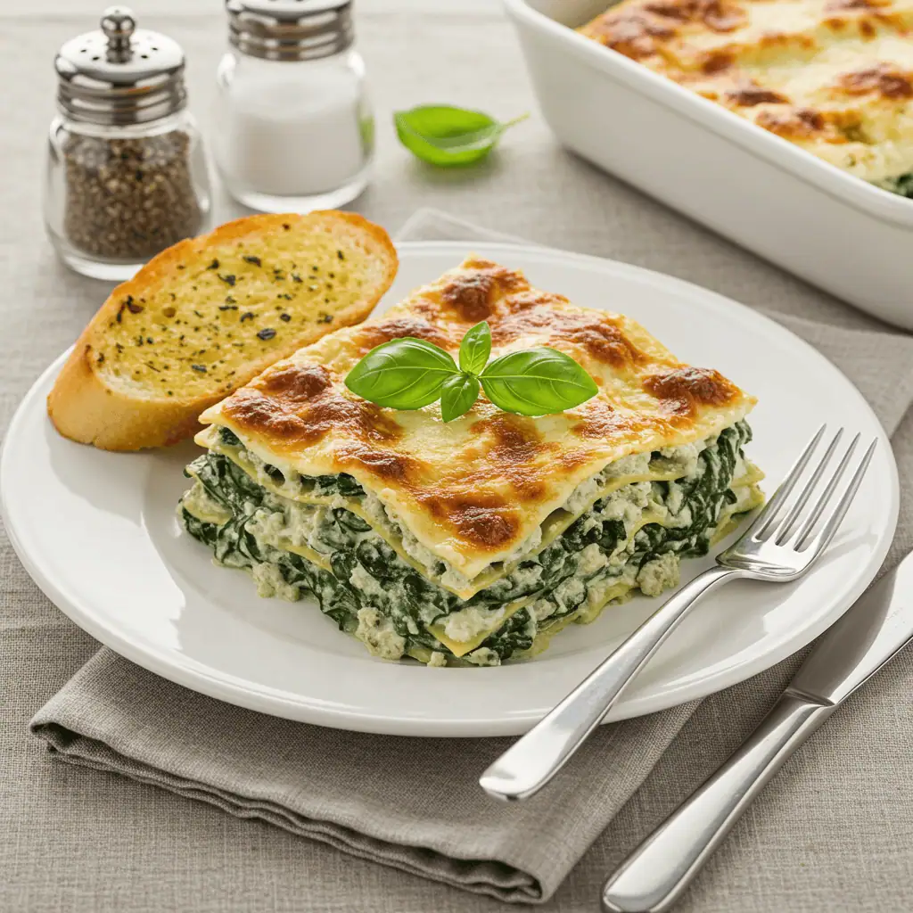 Creamy Spinach Lasagna at Home 5 A slice of creamy spinach lasagna served on a plate with fresh basil and garlic bread.