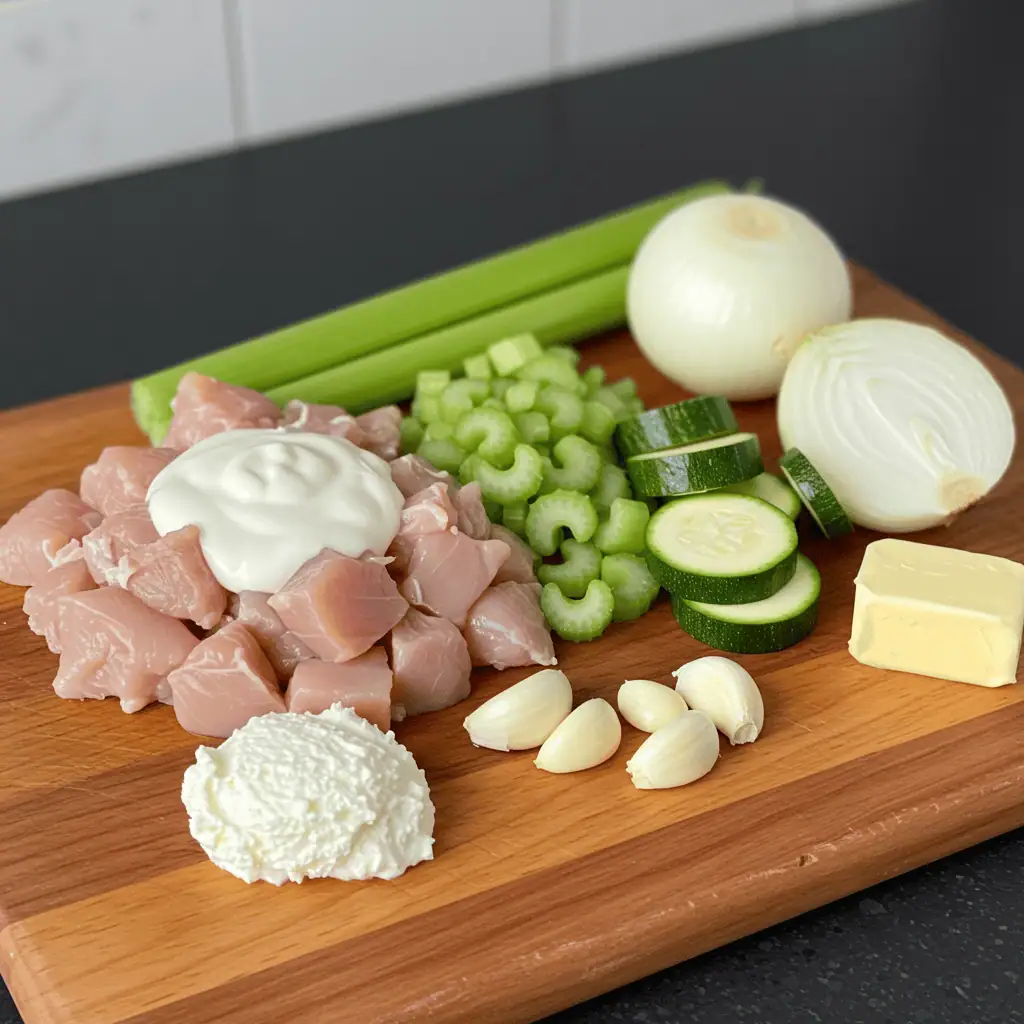 Keto Creamy Chicken Soup Recipes 1 Fresh ingredients laid out for keto creamy chicken soup