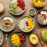 A colorful spread of gluten dairy egg free breakfast recipes including avocado toast, chia pudding, and fresh fruits on a rustic table