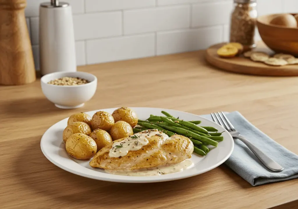 Hello Fresh Chicken Recipes 10 Creamy garlic chicken with roasted potatoes and green beans on a white plate