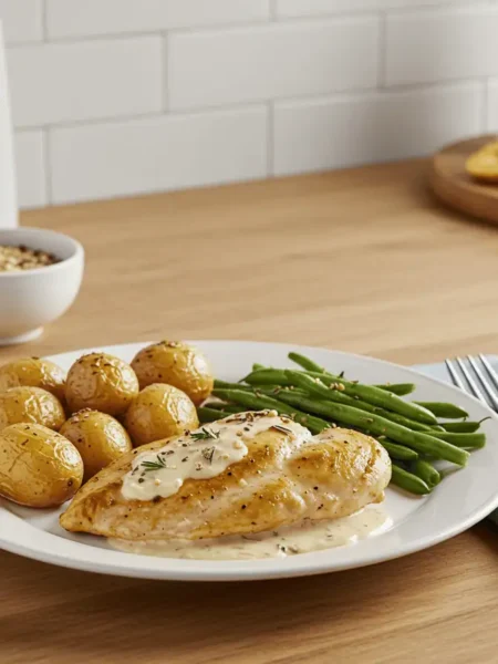 Creamy garlic chicken with roasted potatoes and green beans on a white plate