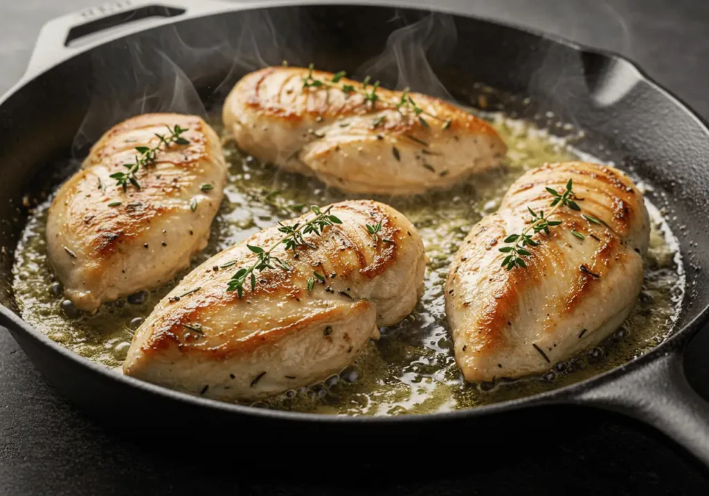 Hello Fresh Chicken Recipes 4 Chicken breasts cooking in a skillet with cream, garlic, and thyme