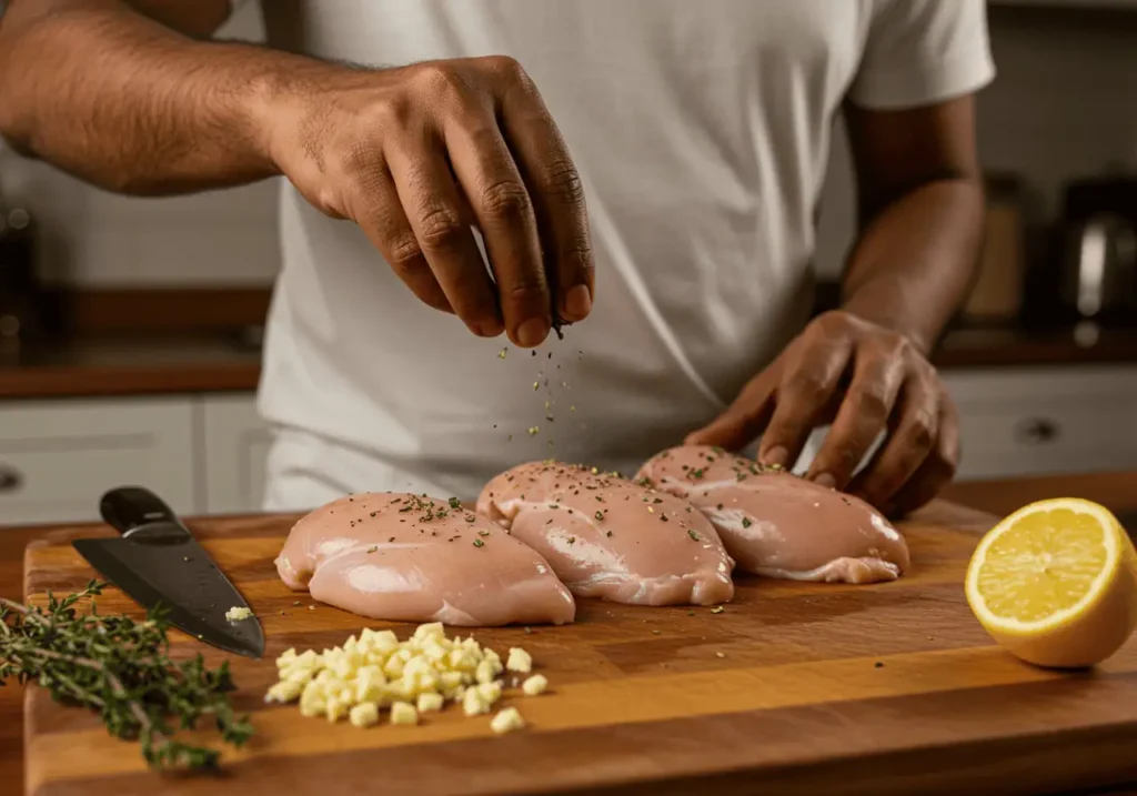 Hello Fresh Chicken Recipes 3 Seasoning chicken breasts with garlic and thyme for cooking