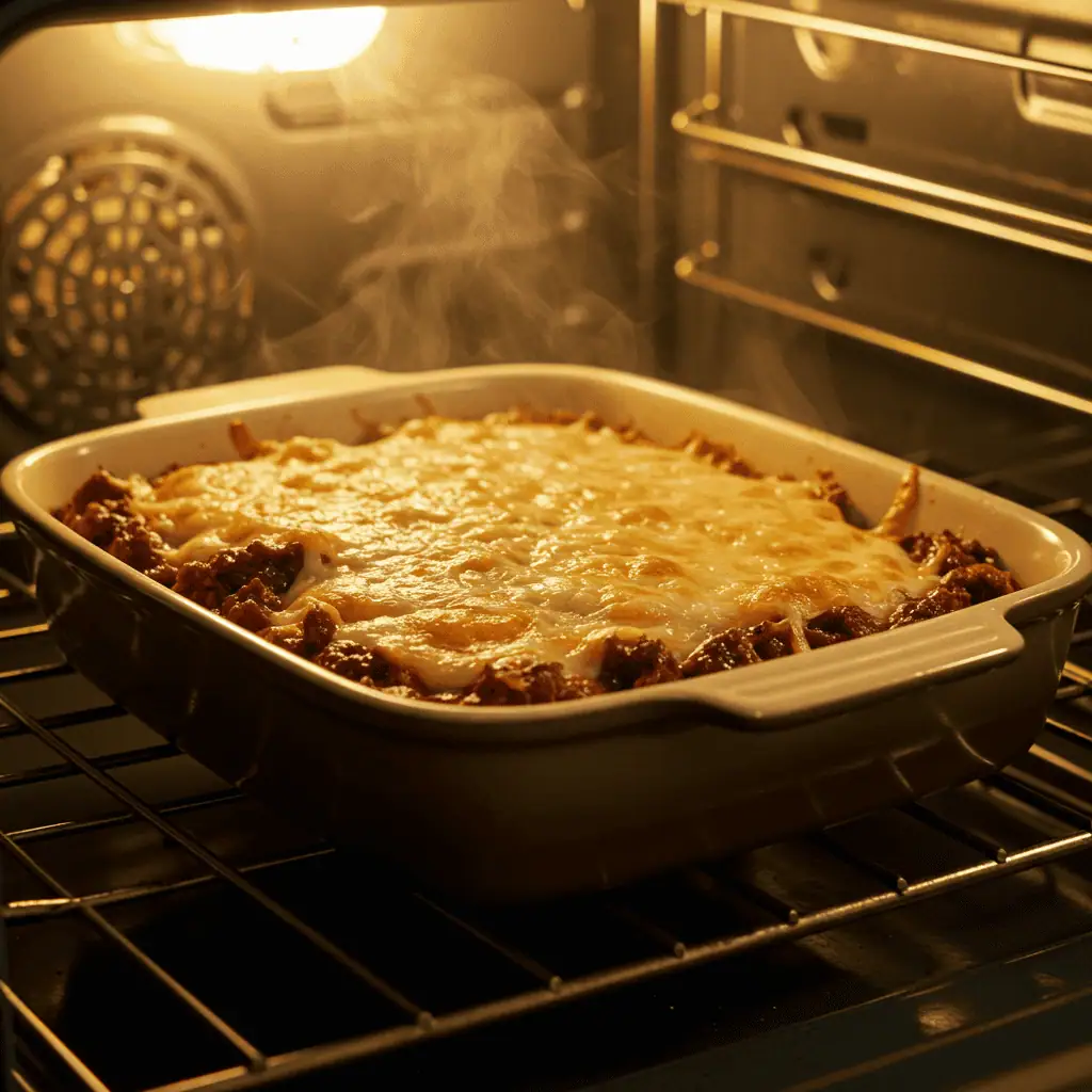 Keto Casserole Recipes with Beef 4 Keto beef casserole baking in the oven with cheese bubbling on top.
