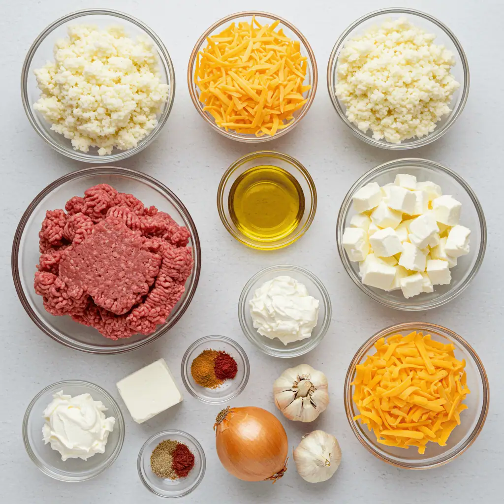Keto Casserole Recipes with Beef 2 Ingredients for keto beef casserole arranged on a white countertop.