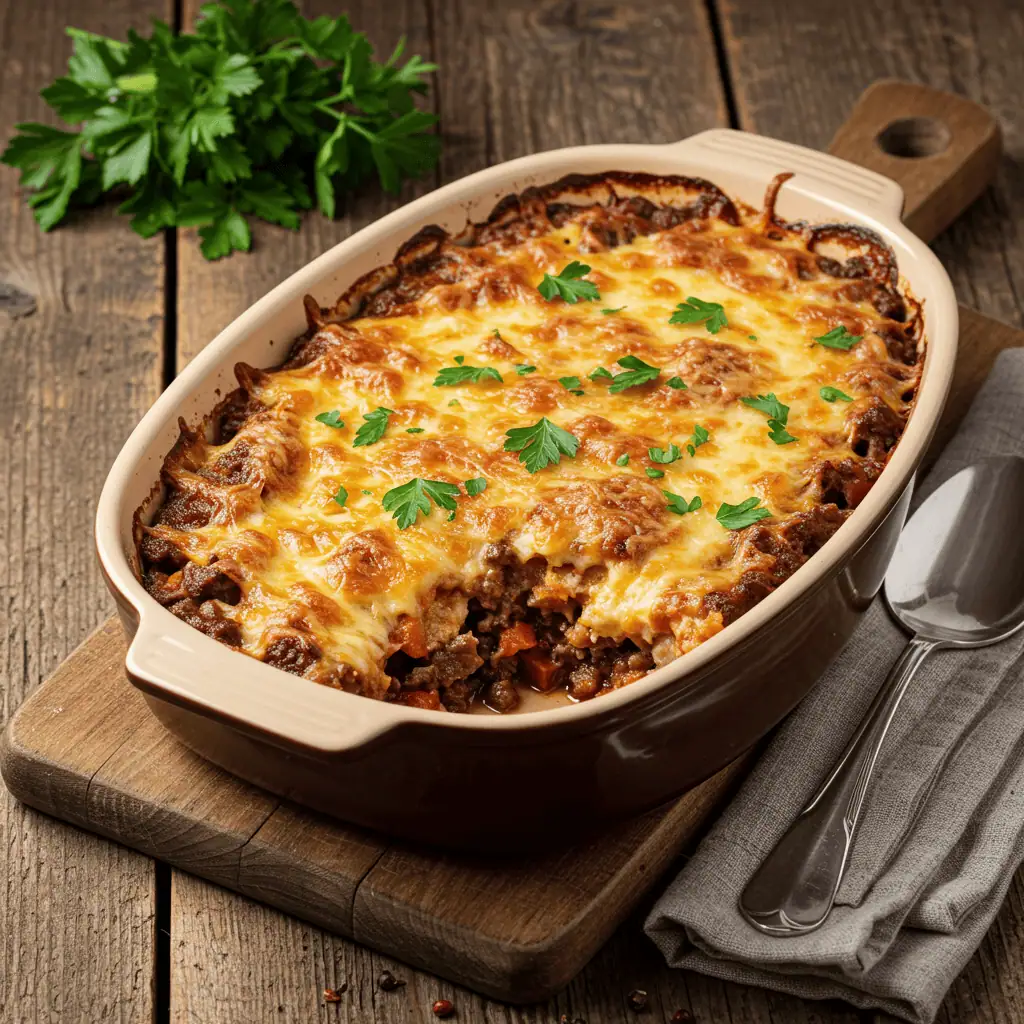 Keto beef casserole baked to golden perfection in a rustic ceramic dish.