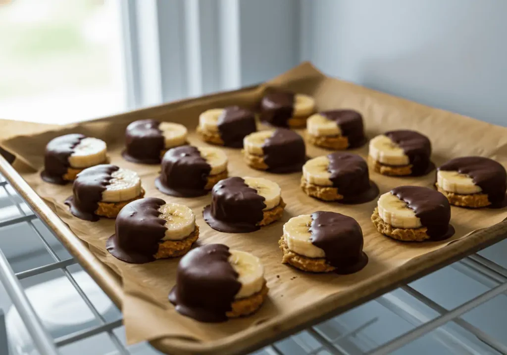 Peanut Butter Banana Bites 4 Banana bites on a tray ready to be frozen after dipping in chocolate