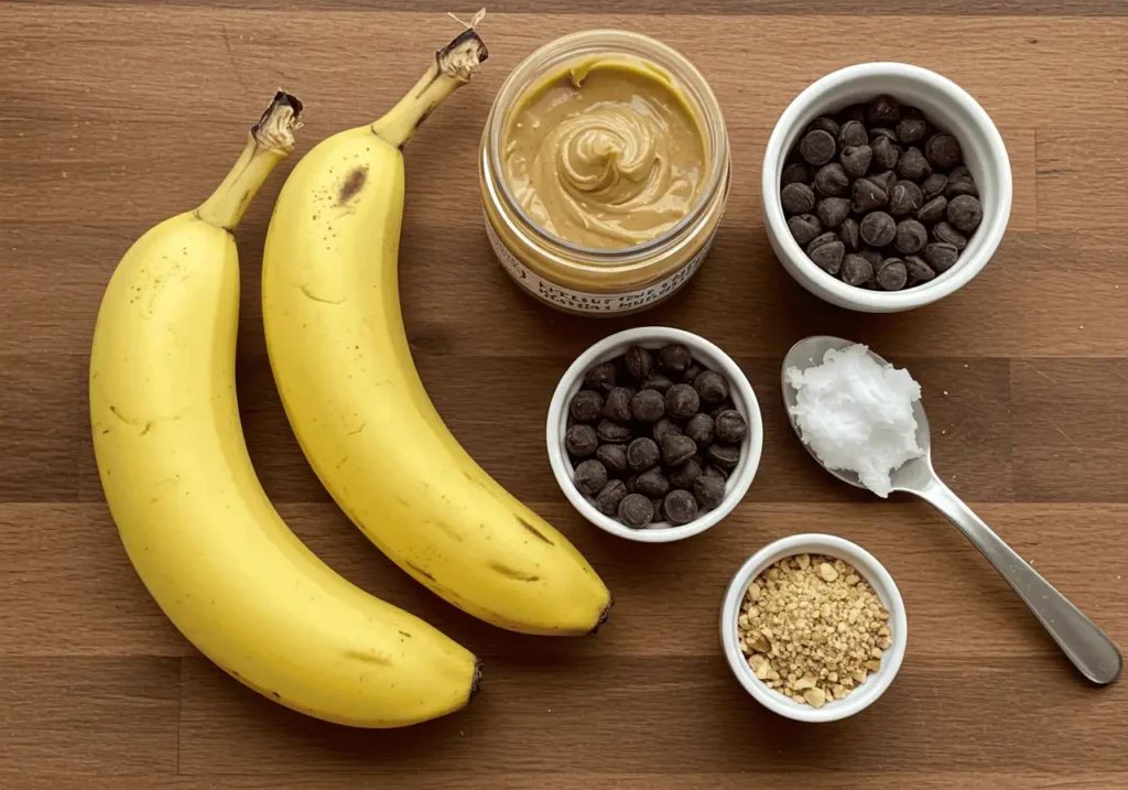 Peanut Butter Banana Bites 2 Ingredients for making peanut butter banana bites arranged on a kitchen counter