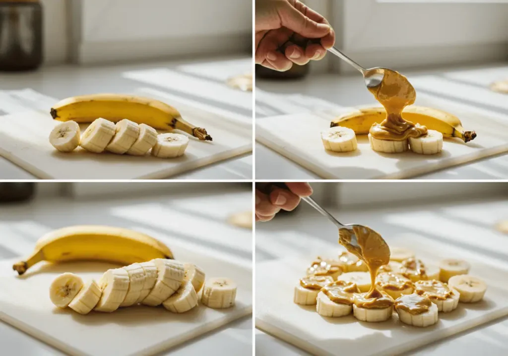 Peanut Butter Banana Bites 3 Spreading peanut butter on banana slices to make frozen banana bites