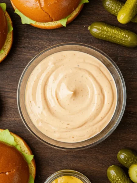 Smash burger sauce in a bowl with burger ingredients around it