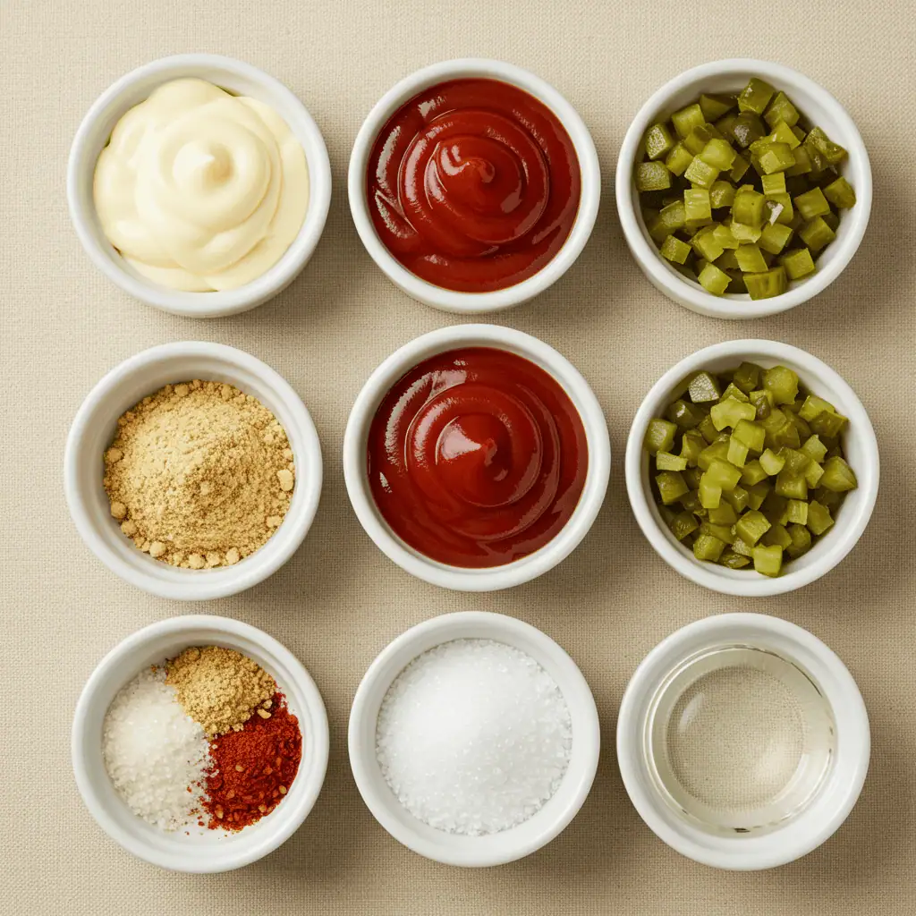 Smash Burger Sauce 2 Ingredients for smash burger sauce displayed in small bowls