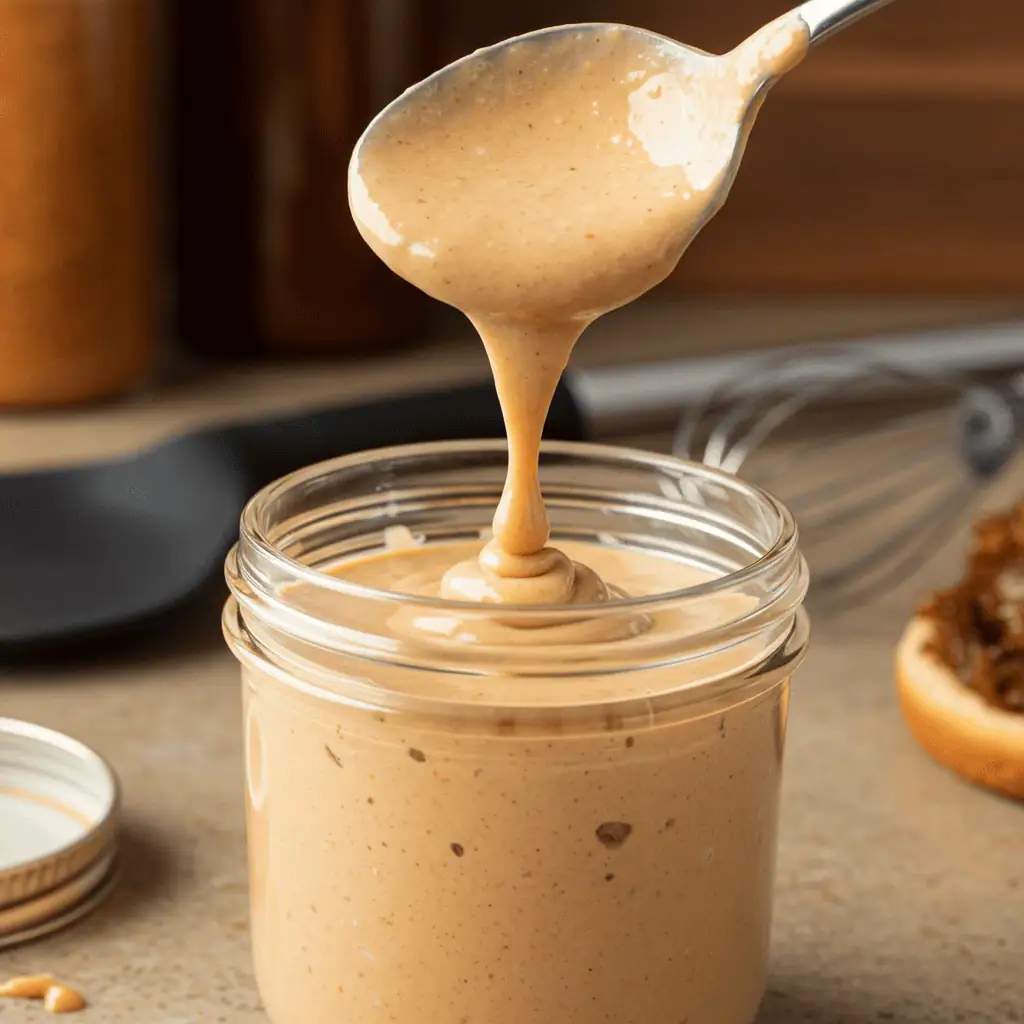 Smash Burger Sauce 4 Spoon filling a jar with creamy smash burger sauce