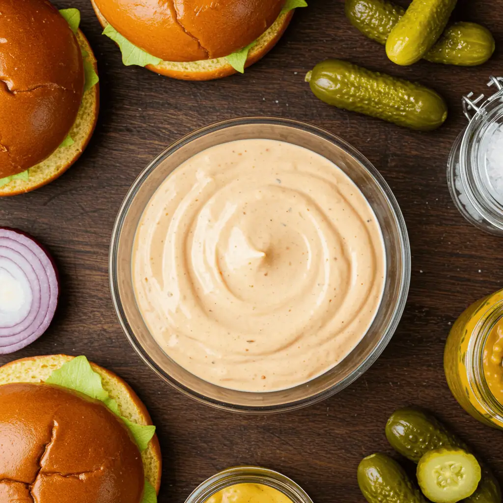 Smash Burger Sauce 10 Smash burger sauce in a bowl with burger ingredients around it