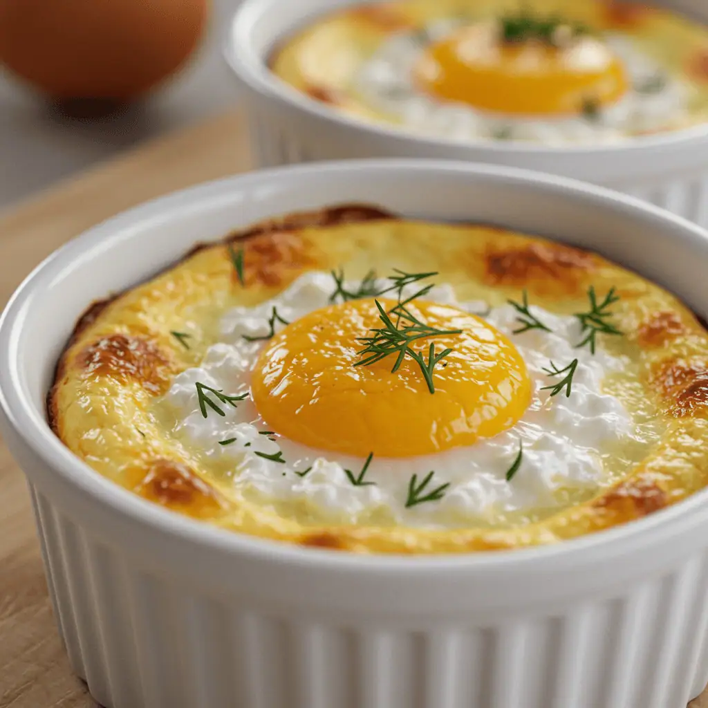 baked cottage cheese eggs in ramekin with golden top
