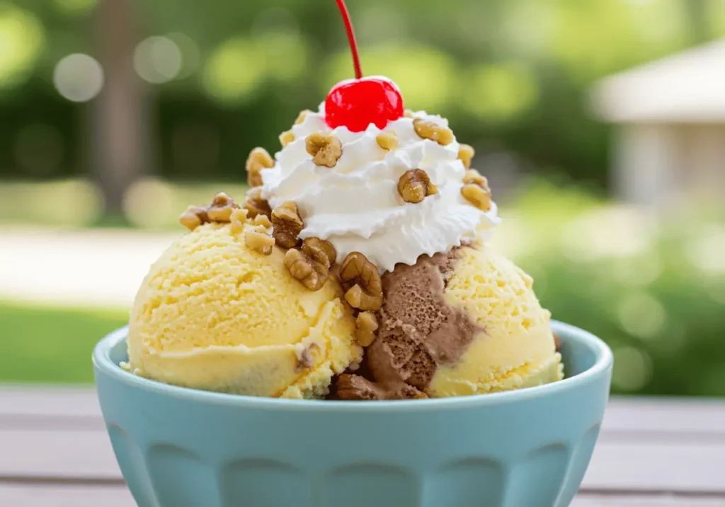 Banana Split Ice Cream 8 A side view of a scoop of banana split ice cream in a bowl topped with whipped cream and a cherry