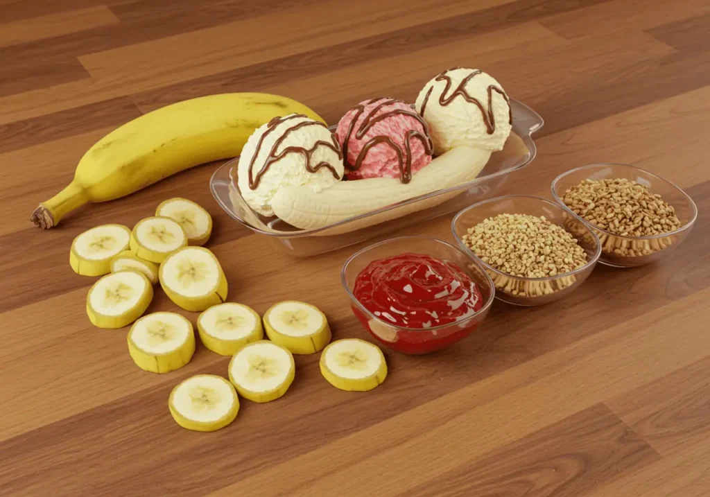 Banana Split Ice Cream 2 Display of all banana split ice cream ingredients on a kitchen counter