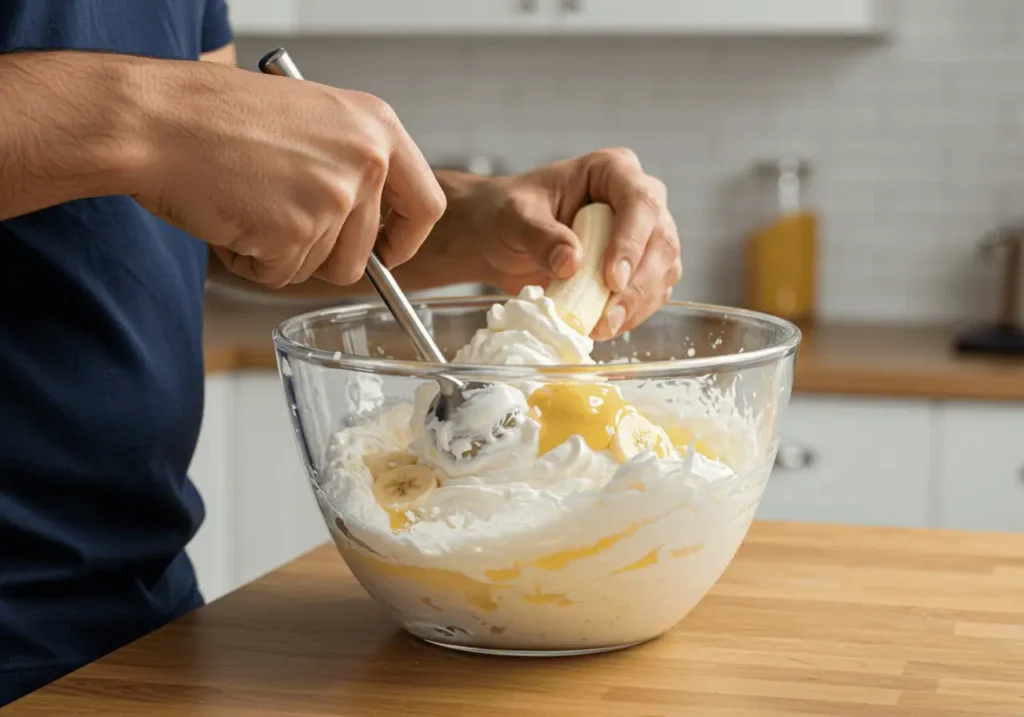 Banana Split Ice Cream 3 Step-by-step mixing of banana and cream base for ice cream