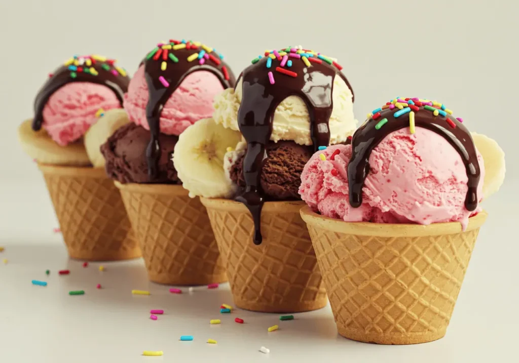 Banana Split Ice Cream 4 Scoops of banana split ice cream served in waffle cones