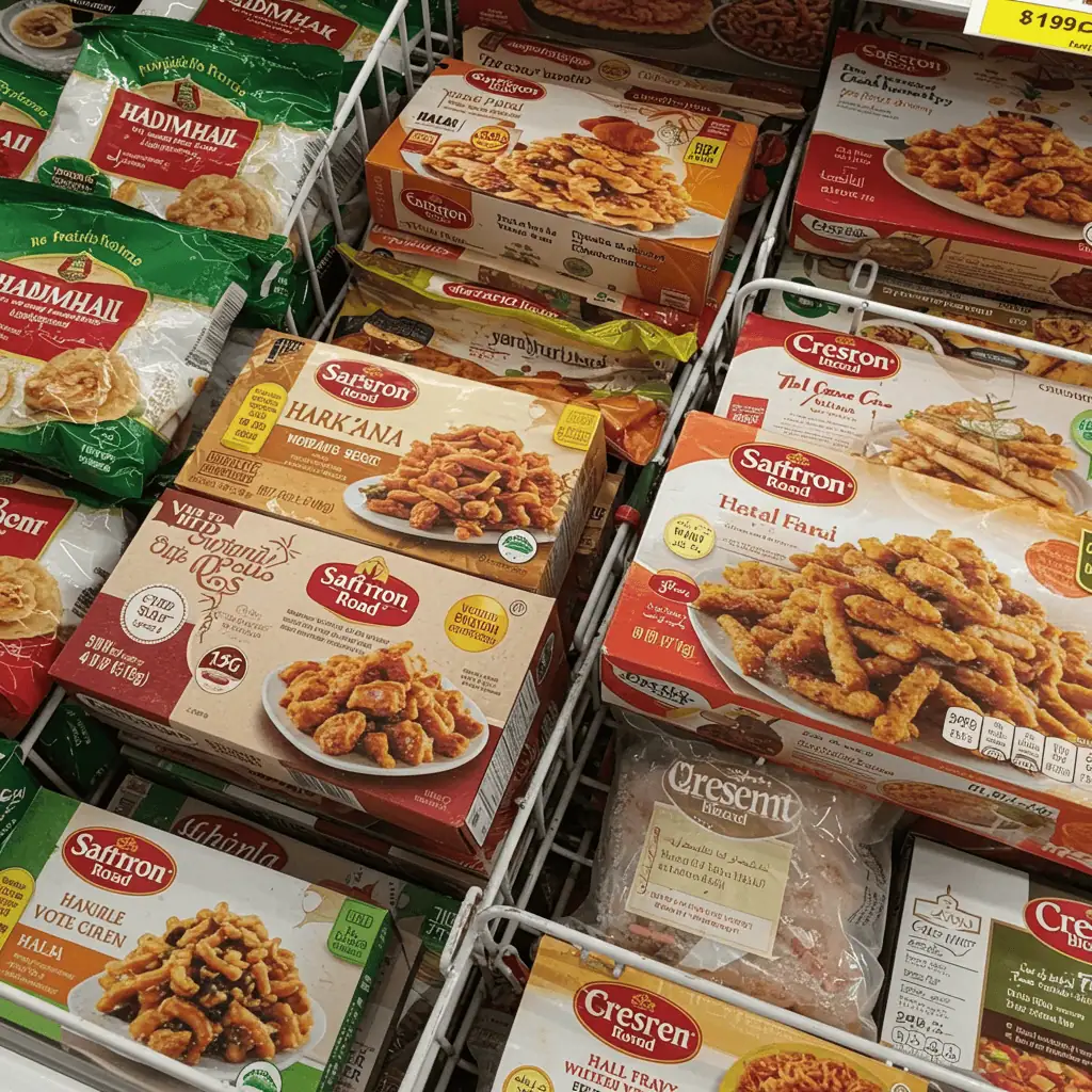 Frozen halal food brands in a U.S. supermarket freezer